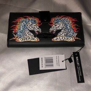 Ed Hardy Black Multi Dead Or Alive Horse Tattoo Slim Bifold Wallet NWT Trifold